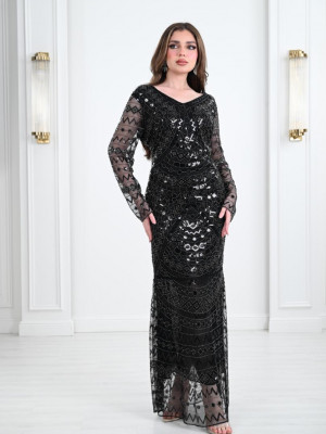 Chiffon dress embroidered with Pharaonic embroidery pattern 