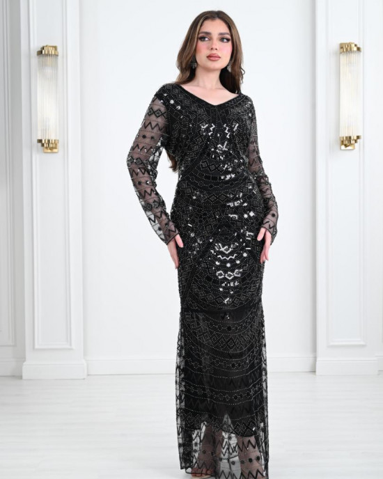 Chiffon dress embroidered with Pharaonic embroidery pattern 