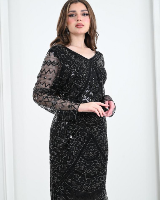 Chiffon dress embroidered with Pharaonic embroidery pattern 